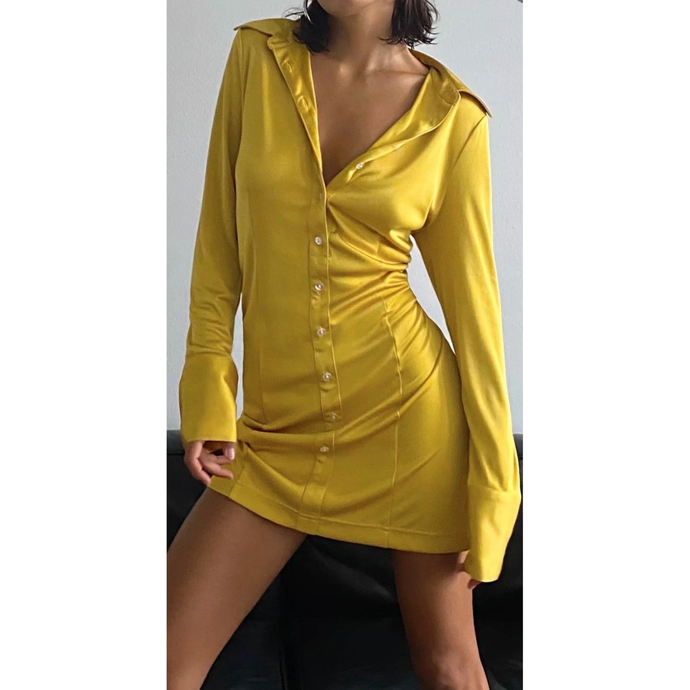 Urban Outfitters Sharon Mustard Yellow‎ Button Front Long Sleeve Mini Dress M